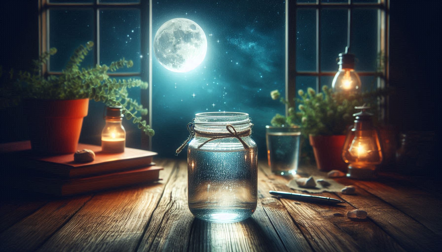 jar of water on a table with moon beams shining down